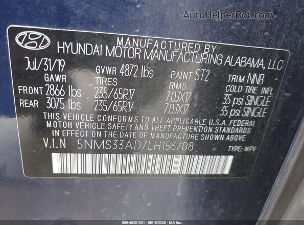 5NMS33AD7LH153708 2020 HYUNDAI SANTA FE Blue Вид підкапотного простору