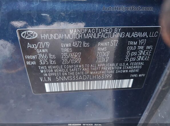 5NMS33AD7LH163199 2020 HYUNDAI SANTA FE Blue Vista del compartimento del motor