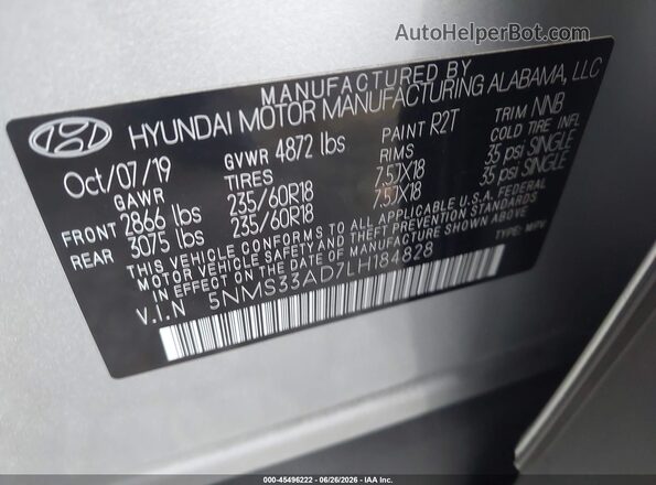 5NMS33AD7LH184828 2020 HYUNDAI SANTA FE Silver Շարժիչի բաժամունքի տեսք