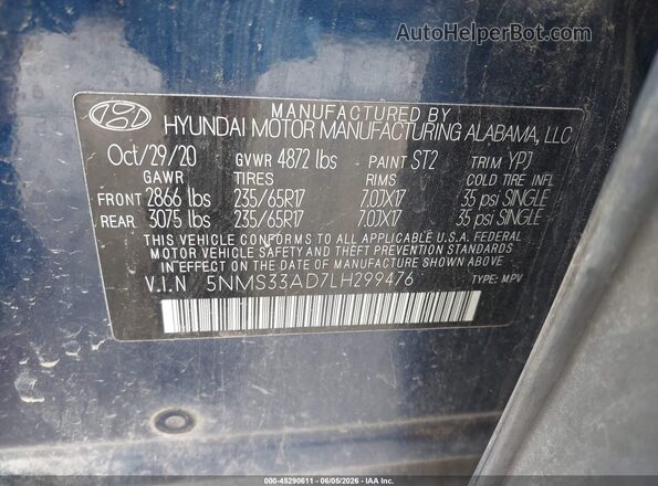 5NMS33AD7LH299476 2020 HYUNDAI SANTA FE Dark Blue Вид подкапотного пространства