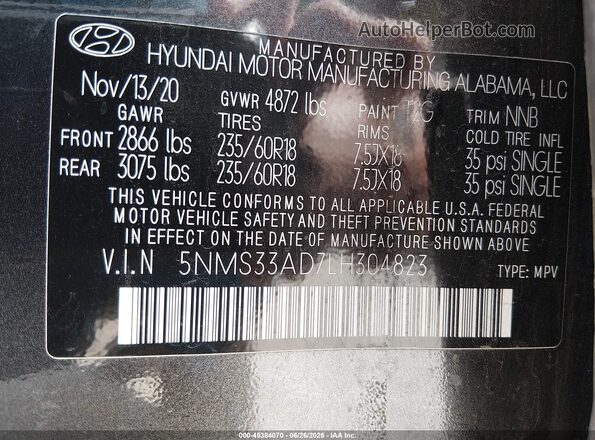 5NMS33AD7LH304823 2020 HYUNDAI SANTA FE Gray Вид підкапотного простору