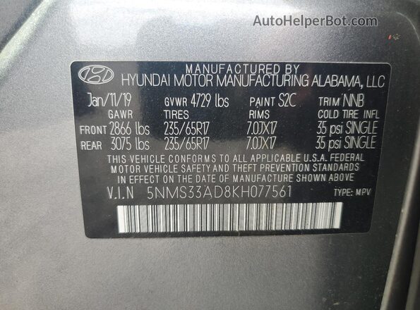 5NMS33AD8KH077561 2019 HYUNDAI SANTA Gray 