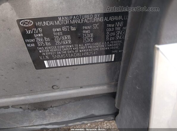 5NMS33AD8LH142541 2020 HYUNDAI SANTA FE Gray Vista del compartimento del motor