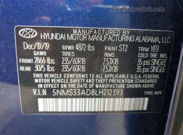5NMS33AD8LH212393 2020 HYUNDAI SANTA Blue Widok naklejki z numerem VIN