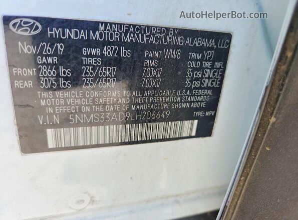 5NMS33AD9LH206649 2020 HYUNDAI SANTA White 