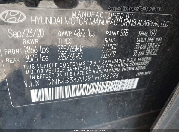 5NMS33AD9LH282923 2020 HYUNDAI SANTA FE Black ძრავის განყოფილების ხედი
