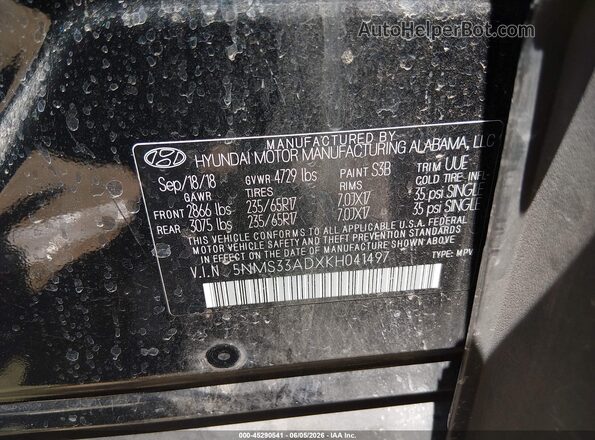 5NMS33ADXKH041497 2019 HYUNDAI SANTA FE Black Vista del compartimento del motor