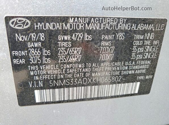 5NMS33ADXKH065802 2019 HYUNDAI SANTA Silver VIN კოდის სტიკერის ხედი