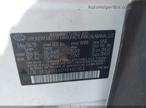 5NMS33ADXKH121303 2019 HYUNDAI SANTA FE Белый Вид подкапотного пространства