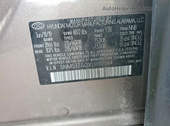 5NMS33ADXLH137664 2020 HYUNDAI SANTA Tan Панорамний вид салону 360°