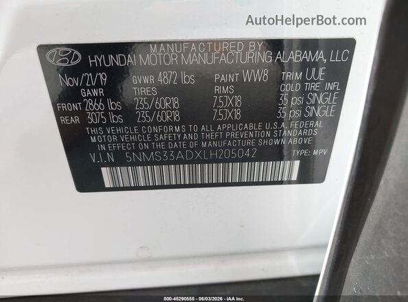 5NMS33ADXLH205042 2020 HYUNDAI SANTA FE White Շարժիչի բաժամունքի տեսք