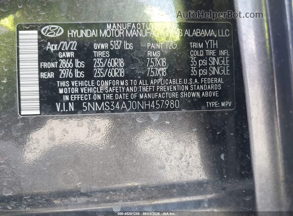 5NMS34AJ0NH457980 2022 HYUNDAI SANTA FE Gray Engine compartment view