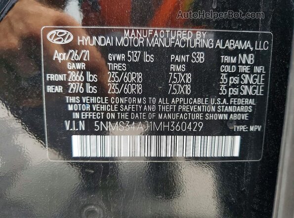 5NMS34AJ1MH360429 2021 HYUNDAI SANTA Black Вид наклейки з VIN-кодом