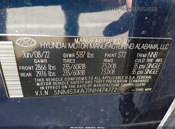 5NMS34AJ1NH474772 2022 HYUNDAI SANTA FE Blue Engine compartment view