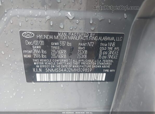 5NMS34AJ2MH309859 2021 HYUNDAI SANTA FE Gray Engine compartment view