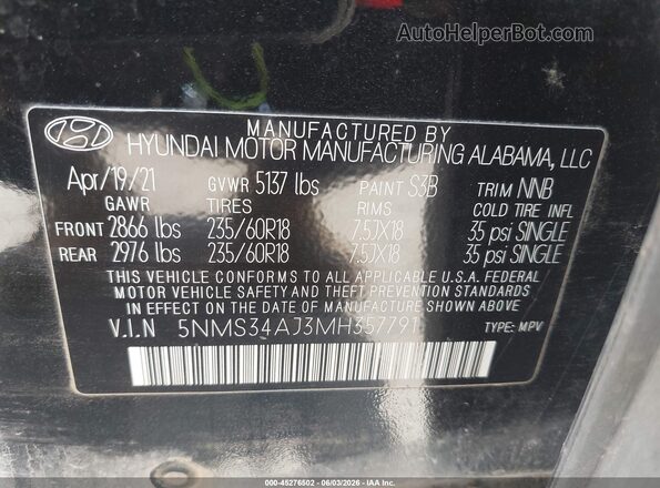 5NMS34AJ3MH357791 2021 HYUNDAI SANTA FE Black Շարժիչի բաժամունքի տեսք