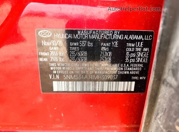 5NMS34AJ4MH309037 2021 HYUNDAI SANTA Red VIN կոդի պիտակի տեսք