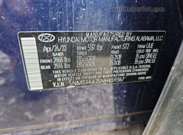 5NMS34AJ5NH459367 2022 HYUNDAI SANTA Blue VIN sticker view