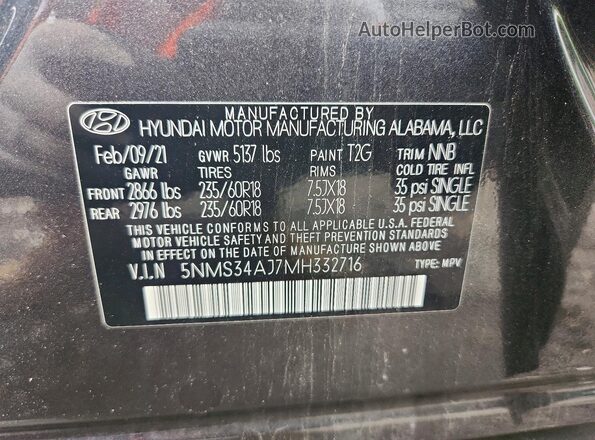 5NMS34AJ7MH332716 2021 HYUNDAI SANTA Gray VIN კოდის სტიკერის ხედი
