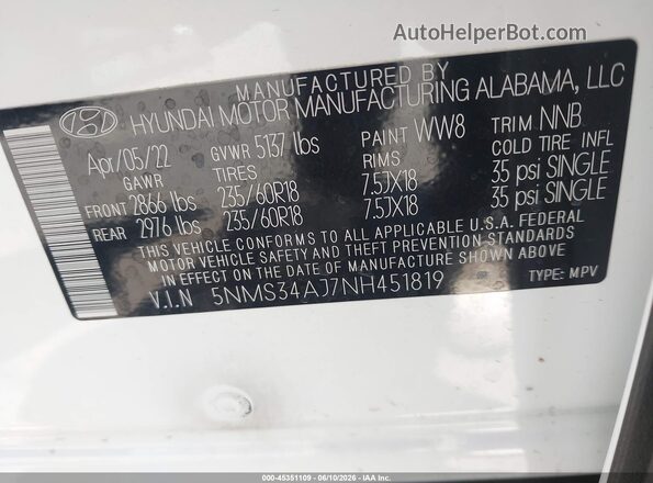 5NMS34AJ7NH451819 2022 HYUNDAI SANTA FE White Engine compartment view