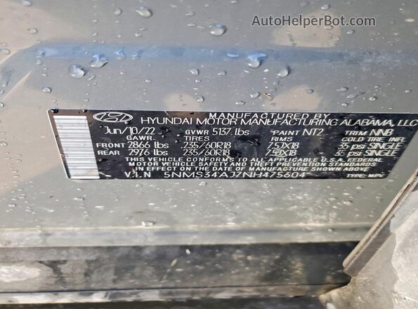 5NMS34AJ7NH475604 2022 HYUNDAI SANTA Gray VIN կոդի պիտակի տեսք