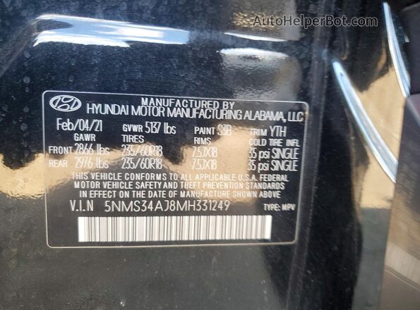 5NMS34AJ8MH331249 2021 HYUNDAI SANTA Black Vista de la etiqueta del VIN
