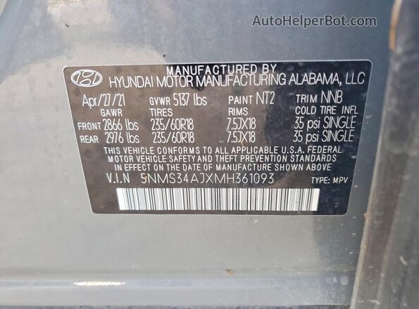5NMS34AJXMH361093 2021 HYUNDAI SANTA Gray Widok wnętrza 360 stopni