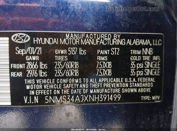 5NMS34AJXNH391499 2022 HYUNDAI SANTA FE Navy Widok komory silnika