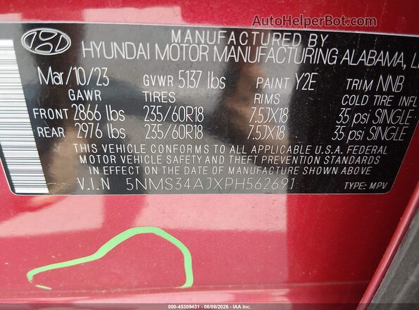 5NMS34AJXPH562691 2023 HYUNDAI SANTA FE Red Engine compartment view