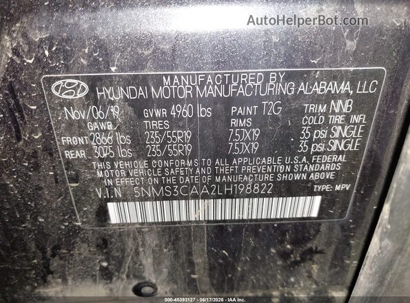 5NMS3CAA2LH198822 2020 HYUNDAI SANTA FE Gray ძრავის განყოფილების ხედი