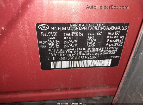 5NMS3CAA8LH232861 2020 HYUNDAI SANTA FE Black Вид підкапотного простору