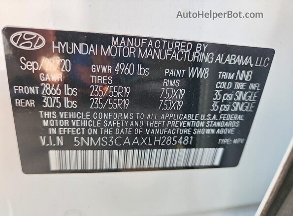 5NMS3CAAXLH285481 2020 HYUNDAI SANTA Белый Вид подкапотного пространства
