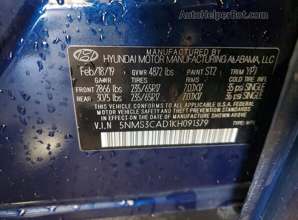 5NMS3CAD1KH091379 2019 HYUNDAI SANTA Blue 360 interior view