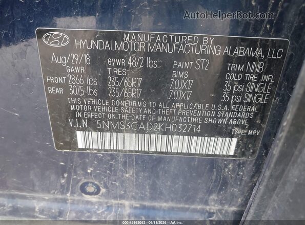 5NMS3CAD2KH032714 2019 HYUNDAI SANTA FE Blue Vista del compartimento del motor