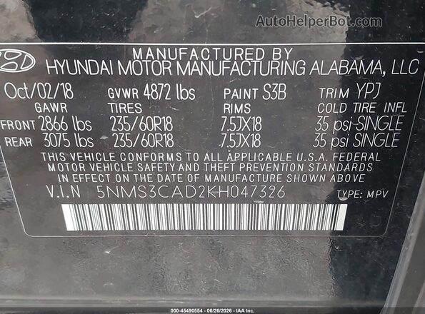 5NMS3CAD2KH047326 2019 HYUNDAI SANTA FE Black Вид підкапотного простору