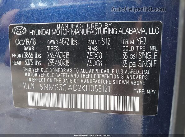 5NMS3CAD2KH055121 2019 HYUNDAI SANTA FE Navy 
