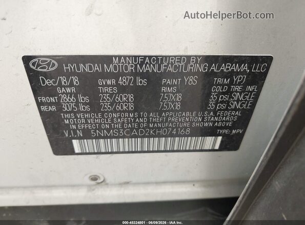 5NMS3CAD2KH074168 2019 HYUNDAI SANTA FE Серебряный Вид подкапотного пространства