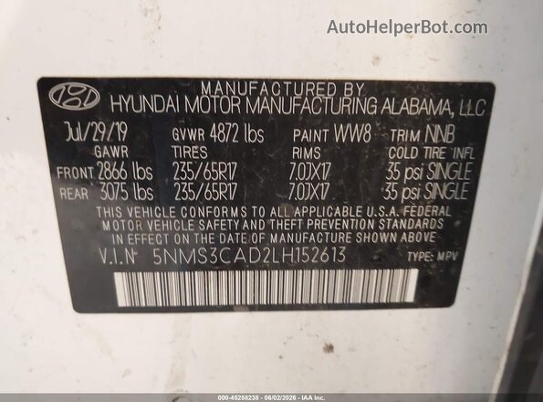 5NMS3CAD2LH152613 2020 HYUNDAI SANTA FE White Вид підкапотного простору