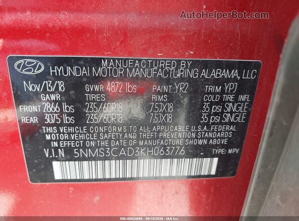 5NMS3CAD3KH063776 2019 HYUNDAI SANTA FE Красный Вид подкапотного пространства
