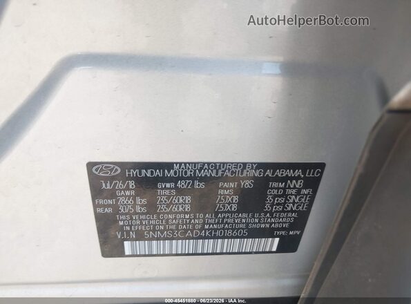 5NMS3CAD4KH018605 2019 HYUNDAI SANTA FE Silver Շարժիչի բաժամունքի տեսք