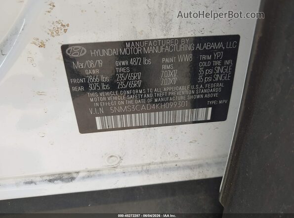 5NMS3CAD4KH099301 2019 HYUNDAI SANTA FE White Vista del compartimento del motor