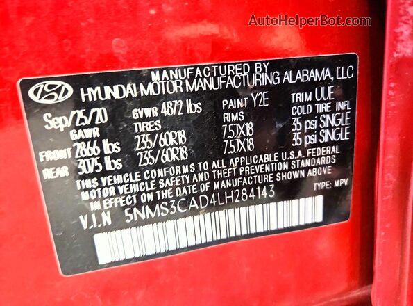5NMS3CAD4LH284143 2020 HYUNDAI SANTA Red Vista de la etiqueta del VIN