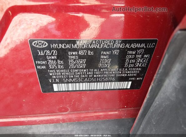 5NMS3CAD5LH258196 2020 HYUNDAI SANTA FE Burgundy Շարժիչի բաժամունքի տեսք