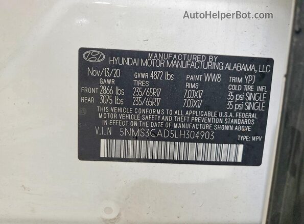 5NMS3CAD5LH304903 2020 HYUNDAI SANTA White VIN კოდის სტიკერის ხედი