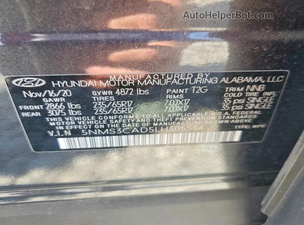 5NMS3CAD5LH305534 2020 HYUNDAI SANTA Black Vista de la etiqueta del VIN