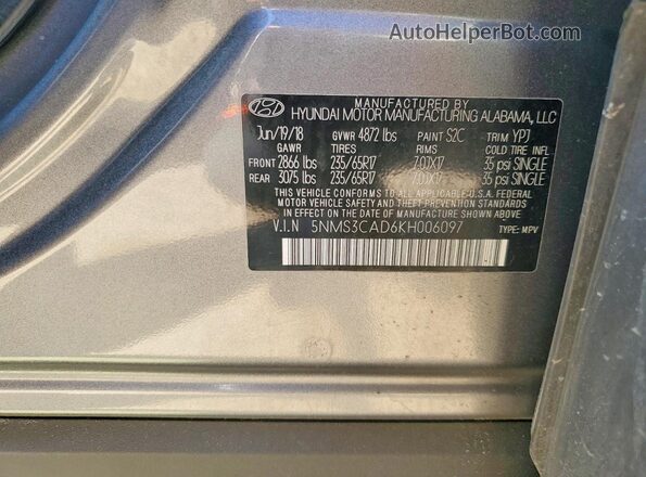 5NMS3CAD6KH006097 2019 HYUNDAI SANTA Gray Շարժիչի բաժամունքի տեսք
