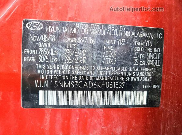 5NMS3CAD6KH061827 2019 HYUNDAI SANTA Red Vista de la etiqueta del VIN