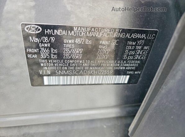 5NMS3CAD6KH122559 2019 HYUNDAI SANTA Silver Widok naklejki z numerem VIN
