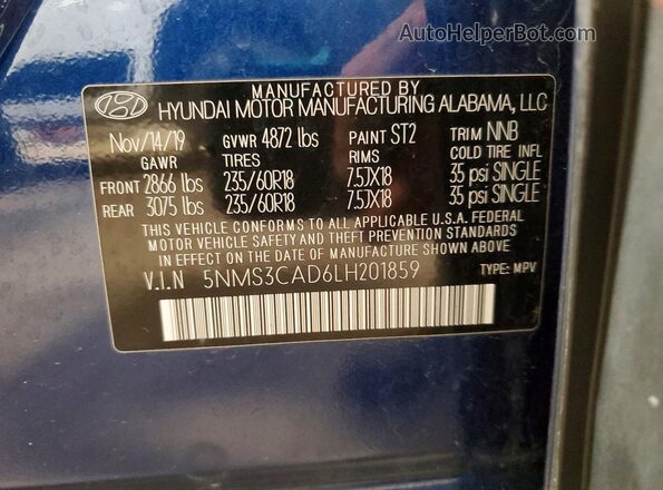 5NMS3CAD6LH201859 2020 HYUNDAI SANTA Синий 