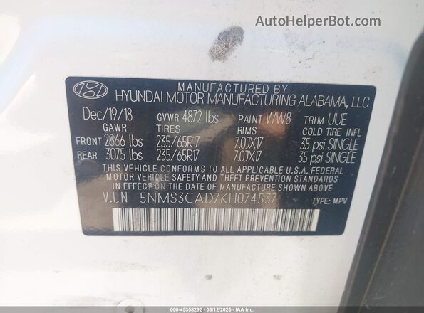 5NMS3CAD7KH074537 2019 HYUNDAI SANTA FE White Widok komory silnika